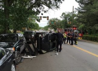 Car Flipped on Grady Ave., Road Closed